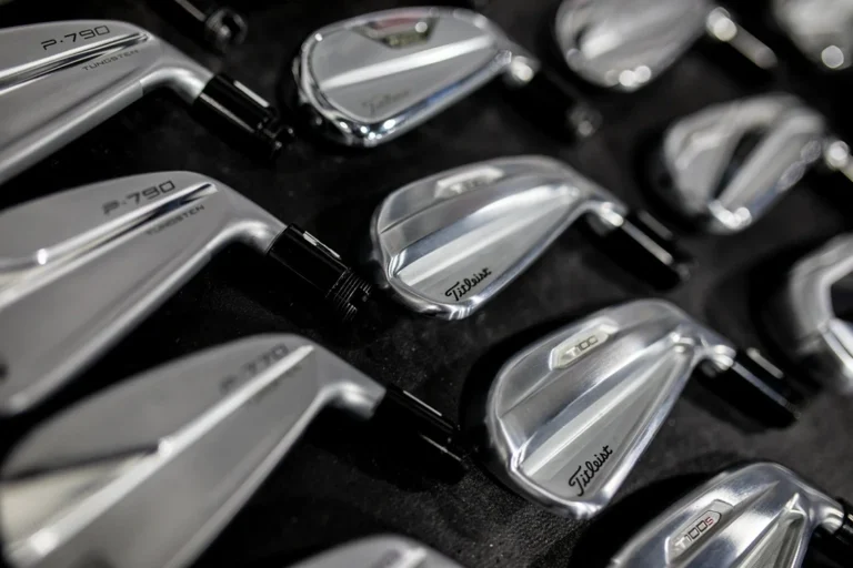 Golf iron heads displayed for professional custom club fitting analysis