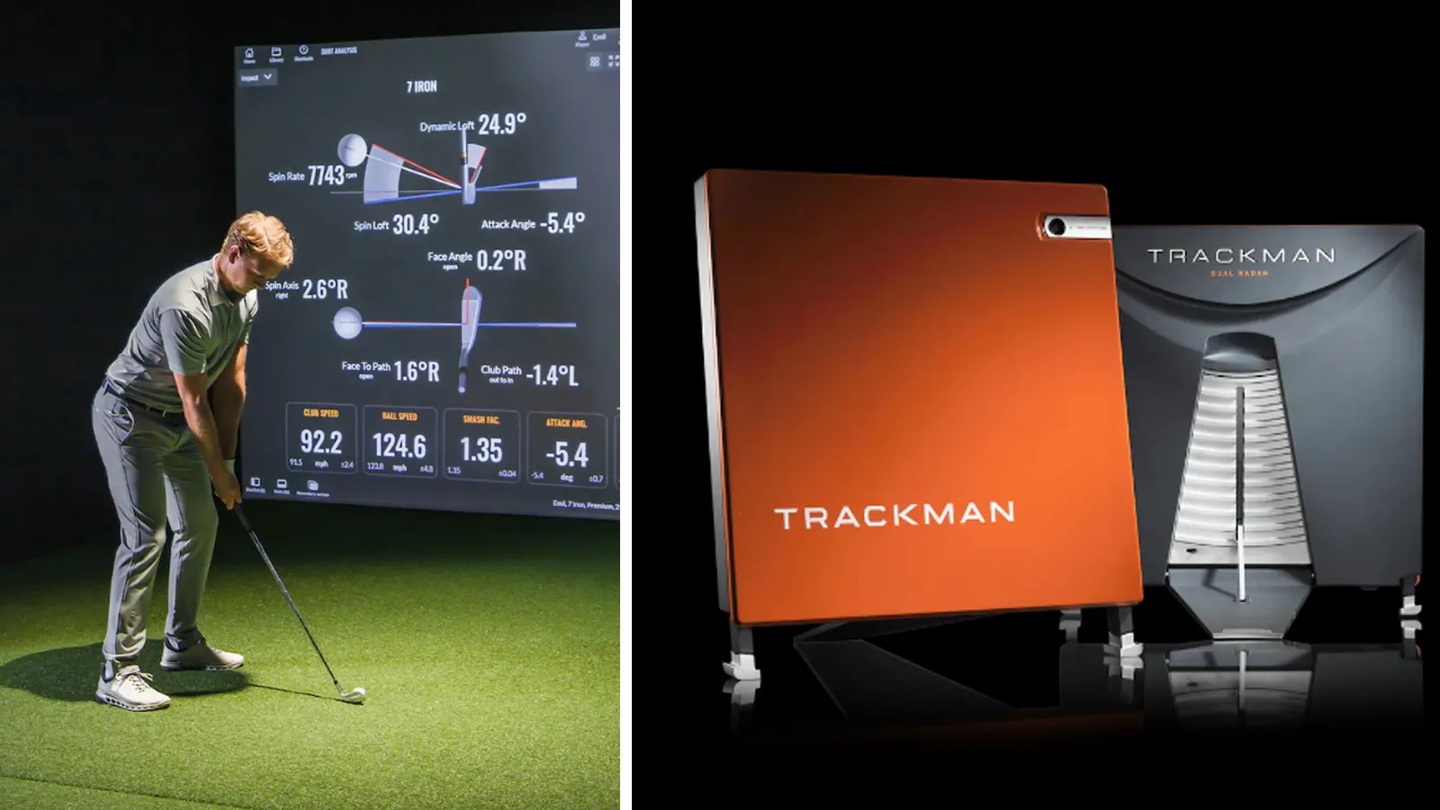 Golf coaching session using TrackMan technology inside an indoor simulator