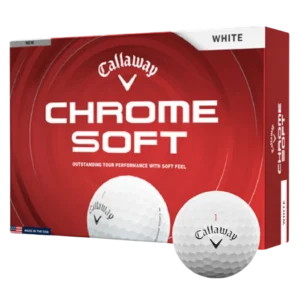 Callaway Chrome Soft golf balls box with individual golf ball displayed