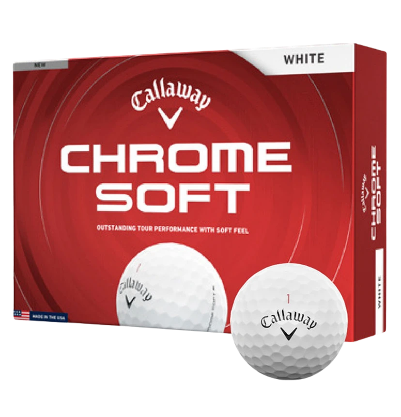 Callaway Chrome Soft golf balls box with individual golf ball displayed