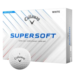 Callaway Supersoft white golf ball displayed in front of Supersoft retail box