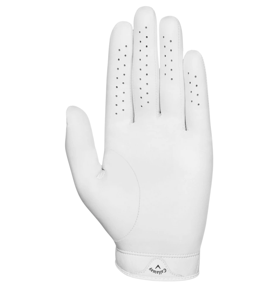 Callaway Tour Authentic white leather golf glove palm view showing smooth grip surface, Queensland golf glove