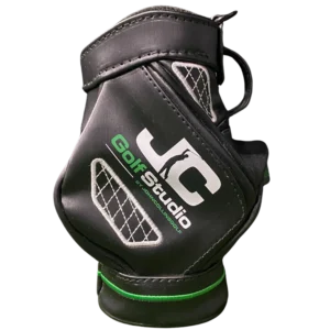 JC Golf Studio desk caddy in black leather with green trim for golf accessories Queensland