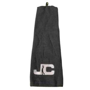 JC Golf Studio microfibre golf towel in black folded with embroidered JC logo – Queensland golf accessory