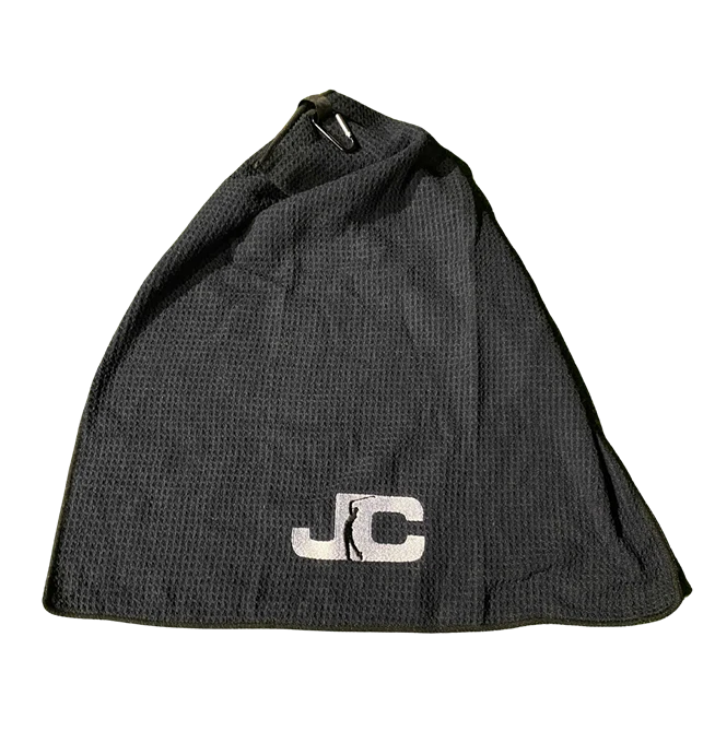 JC Golf Studio black microfibre golf towel extended full length with embroidered logo – Queensland golf gear