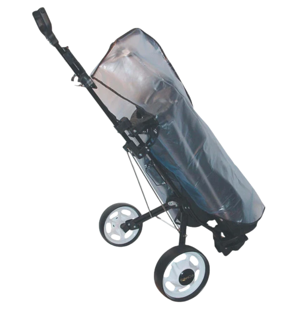 Redback Sport golf bag rain cover fitted on golf buggy in wet Queensland conditions