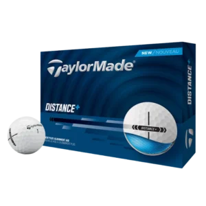 TaylorMade Distance+ golf ball box with ball displayed beside packaging.