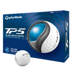 TaylorMade TP5 golf balls retail box with golf ball displayed in front