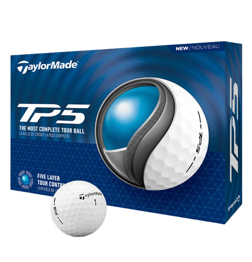 TaylorMade TP5 golf balls retail box with golf ball displayed in front