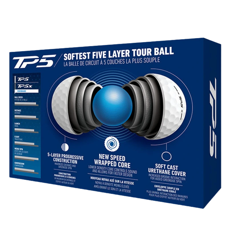 TaylorMade TP5 golf balls box showing five layer construction and Speed Wrapped Core