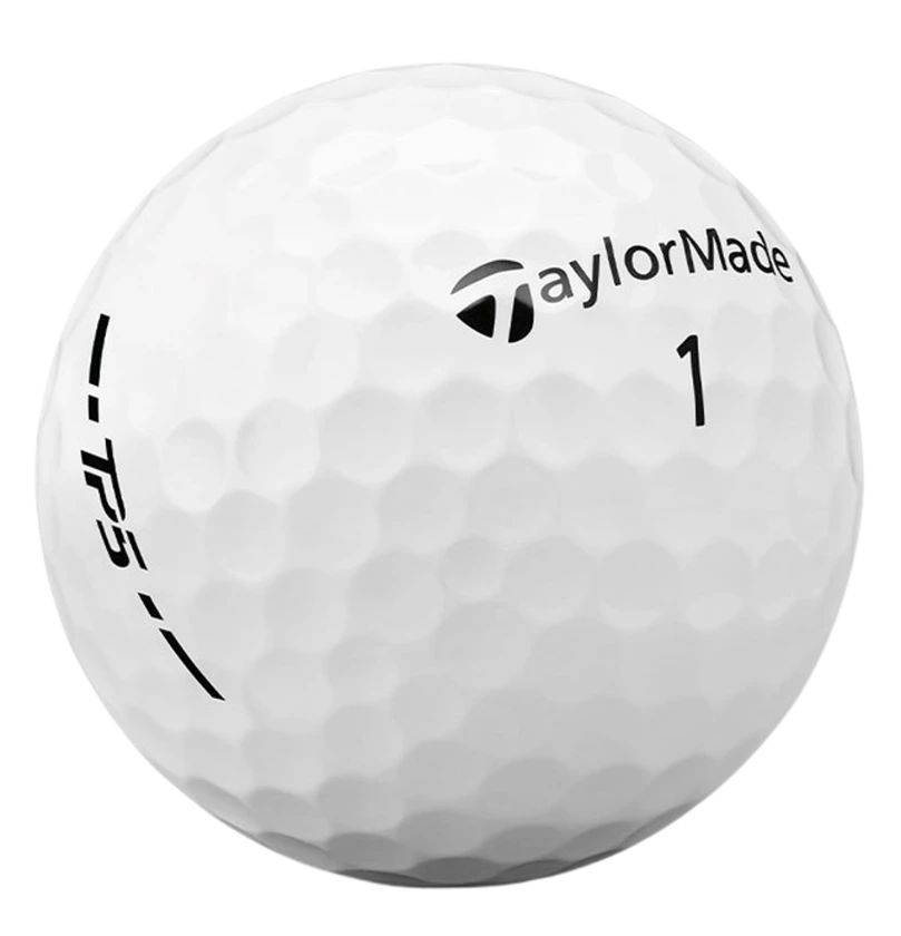 TaylorMade TP5 white golf ball close up with TP5 alignment marking