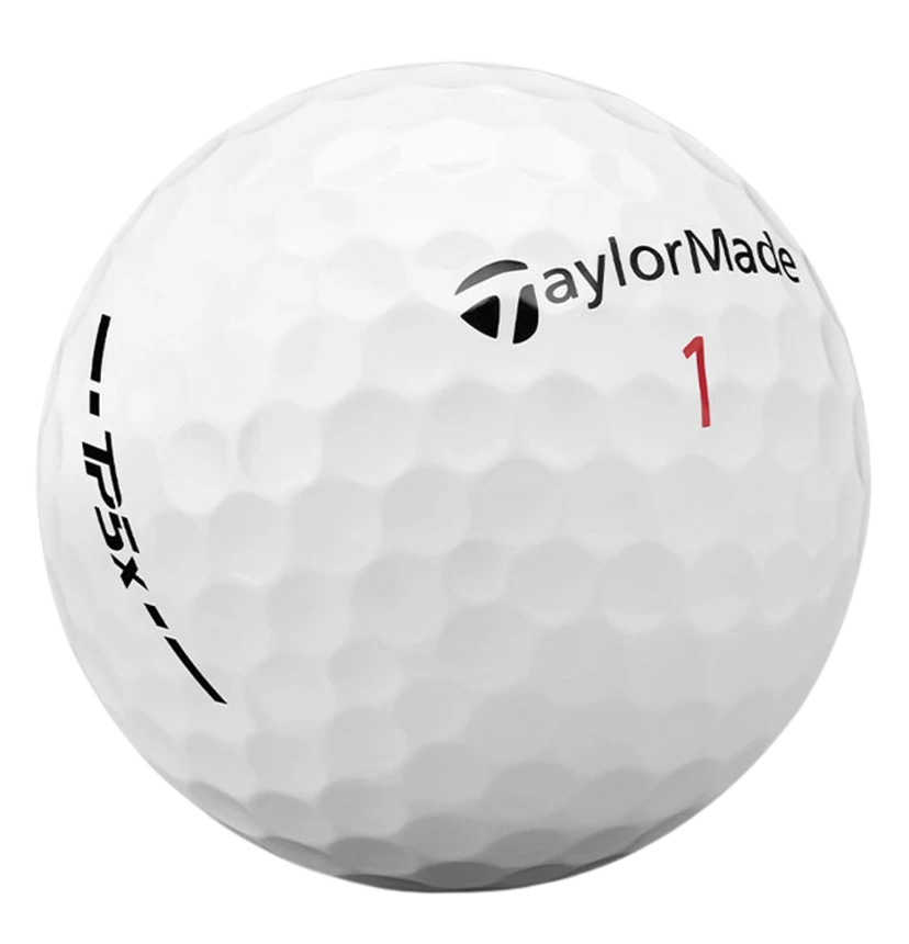 TaylorMade TP5x golf ball close up showing dimple pattern and TP5x side stamp used by Queensland golfers