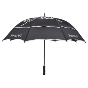 Underside of Titleist double canopy golf umbrella showing reinforced frame and inner lining.