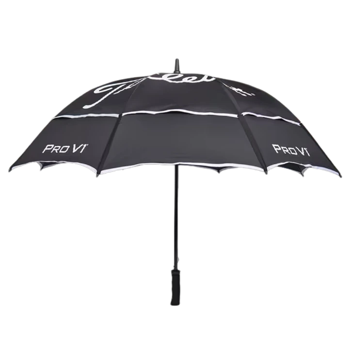 Underside of Titleist double canopy golf umbrella showing reinforced frame and inner lining.