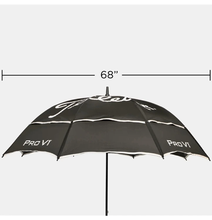 Titleist Pro V1 black golf umbrella showing 68-inch canopy width.