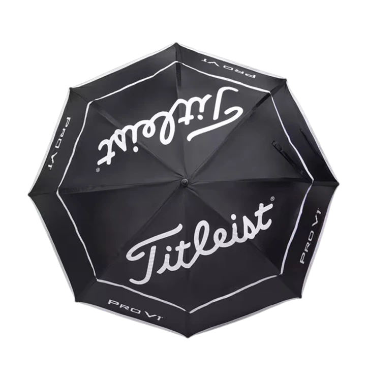 Top view of Titleist Pro V1 double canopy umbrella with bold white branding.