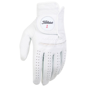 Titleist Perma-Soft golf glove back view with adjustable closure, white leather glove for Queensland golfers