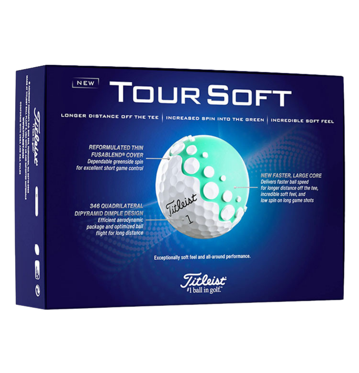 Soft feel golf balls showing Tour Soft packaging with performance details