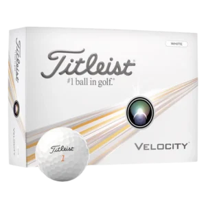 Distance golf balls shown with Titleist Velocity box and ball