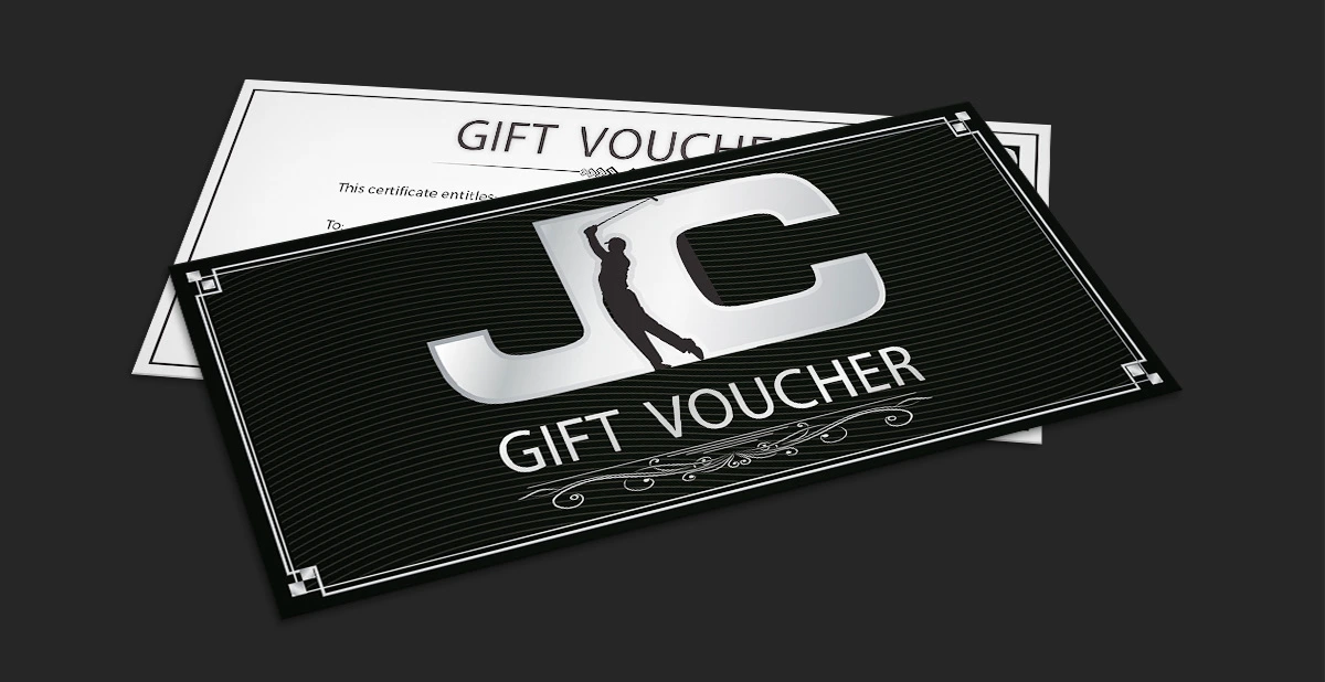 JC Golf Studio branded gift voucher displayed on a dark background.