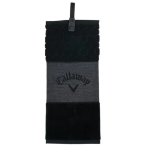 Black Callaway tri-fold golf towel with grey logo panel and hanging strap.