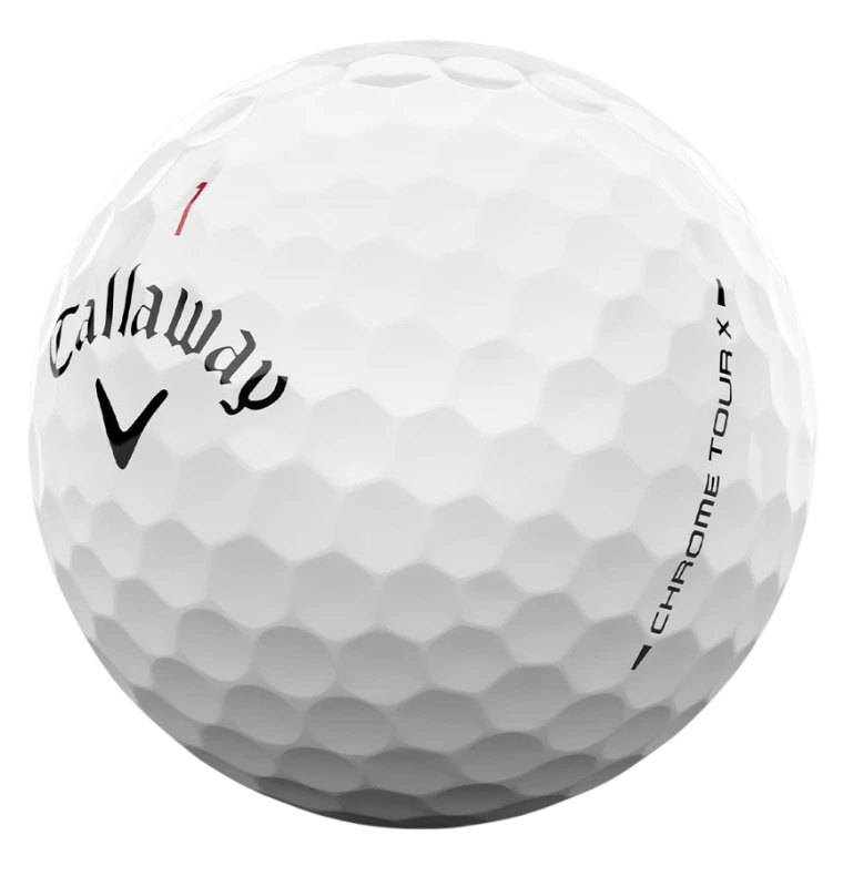 Close-up of Callaway Chrome Tour X golf ball showing logo and model marking.