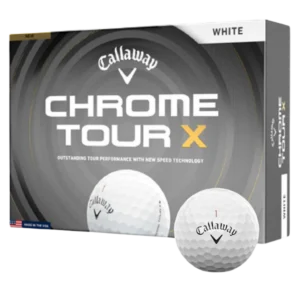 Callaway Chrome Tour X golf ball box with balls displayed in front.