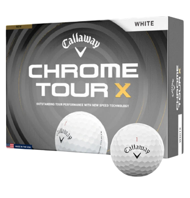 Callaway Chrome Tour X golf ball box with balls displayed in front.