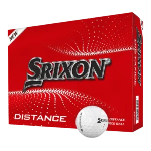 Front view of Srixon Distance golf ball box in red packaging.