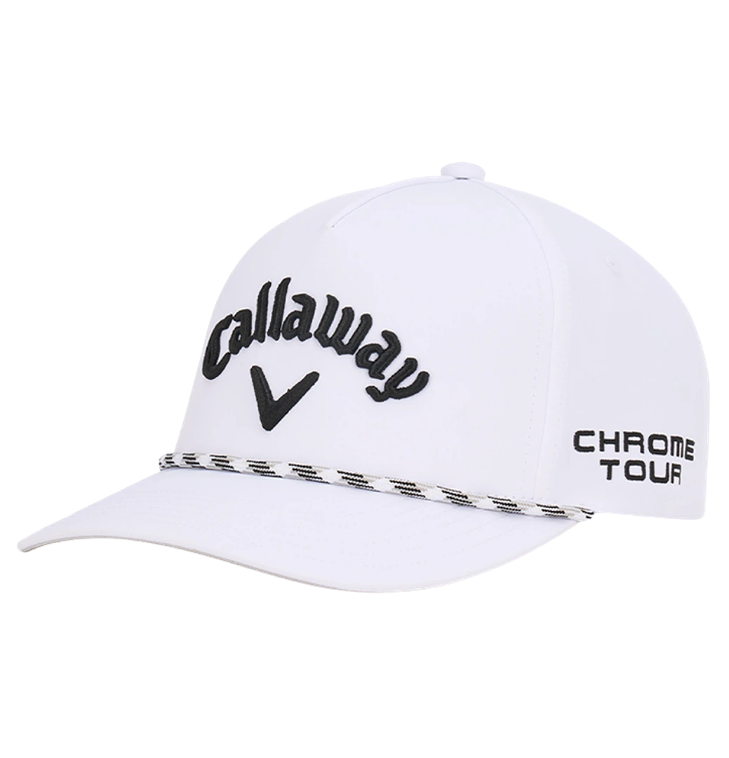 White Callaway Chrome Tour rope cap with embroidered logo and braided rope detail.