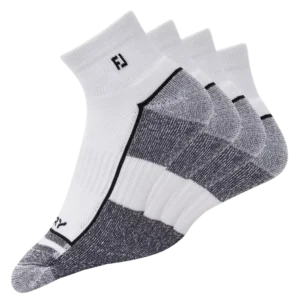 FootJoy ProDry quarter golf socks in white and grey with cushioned sole.